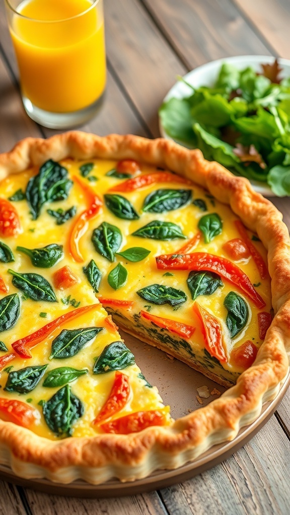 Vegetable Quiche Recipe A slice of vegetable quiche with spinach, bell peppers, and cheese on a wooden table with a side salad.
